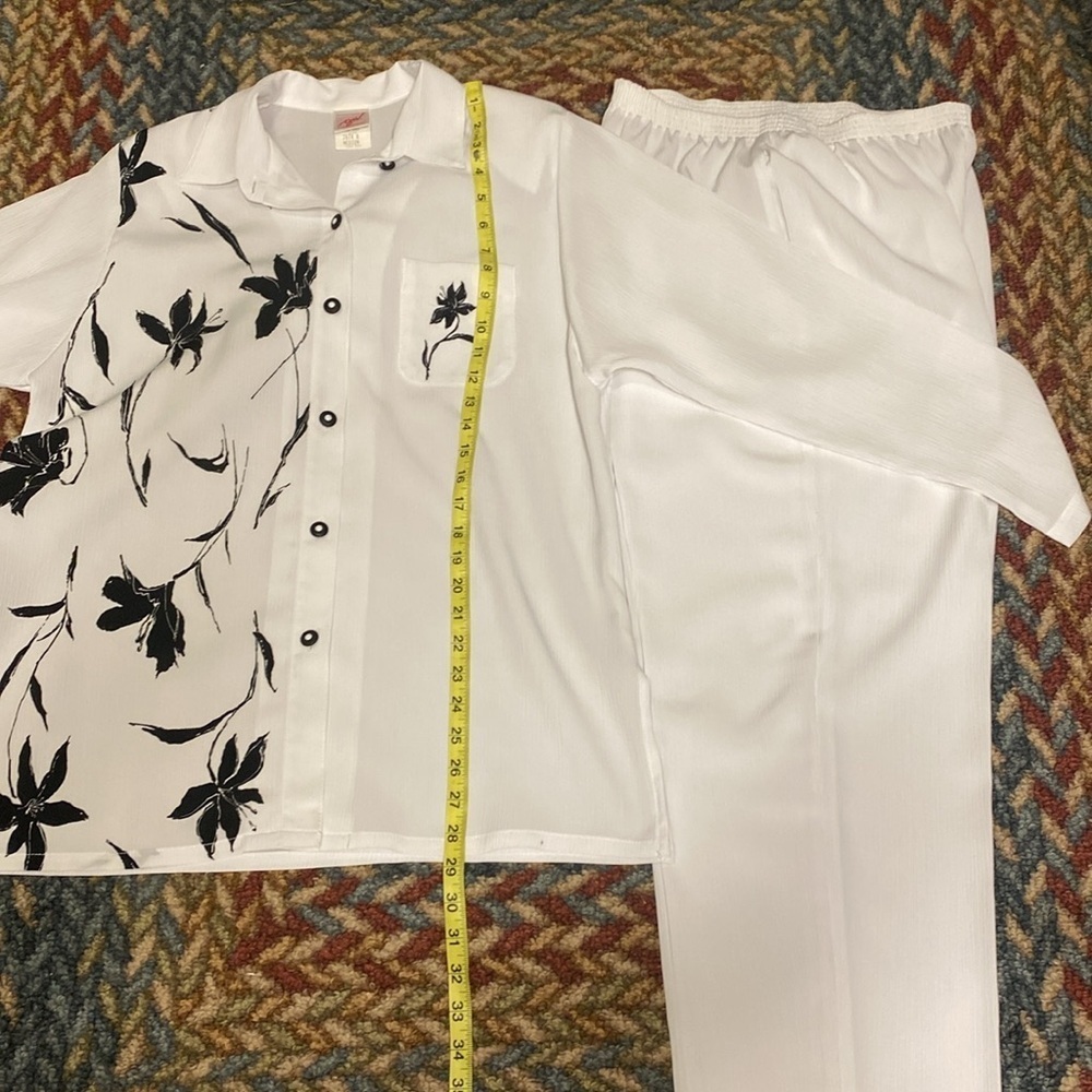 Vintage Y2K White Button-Up Pant / Shirt Set with Black Floral Design - Picture 9 of 16